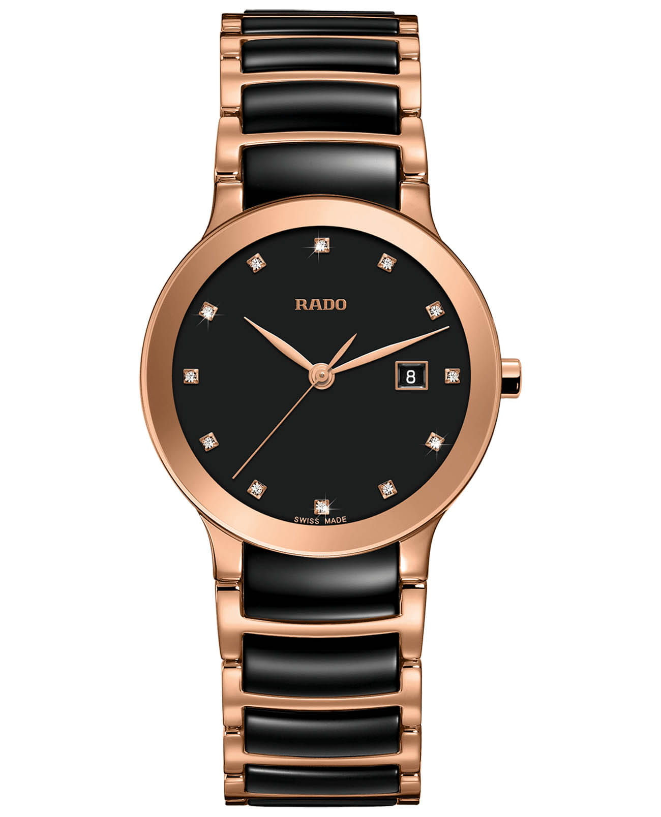 Rado Rado Centrix Diamonds R30555732  R30555732 кварцевые женские часы черный циферблат, браслет сталь + pvd + керамика — вид спереди